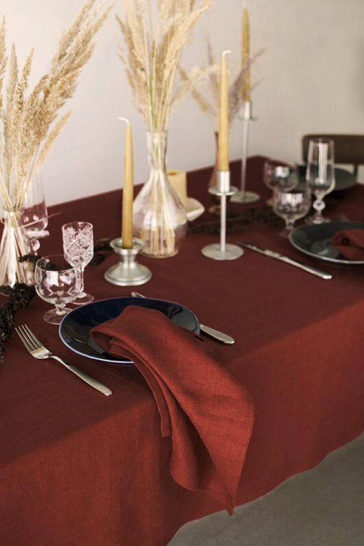 Rudy brown line napkins made from stone washed linen. YOU can find the same fabric tablecloth matching with napkins.