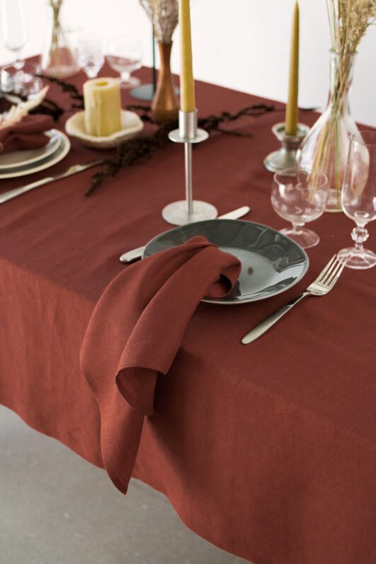Rudy brown line napkins made from stone washed linen. YOU can find the same fabric tablecloth matching with napkins.