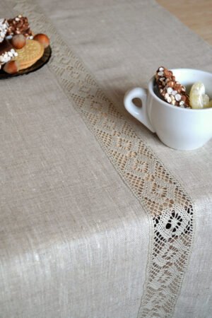 Light natural linen table runner with natural linen lace on the center of the table runner along the runner. Lace transparent and gauzy. Great decor for Your dinner table to special event.