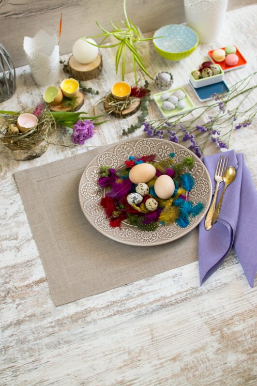 Elegant linen placemats in neutral tones (natural, light natural, off-white) with wide mitered corners. Perfect for casual or formal dining. Easaly to decor with Lavender napkins for Easter table decor. Shop now for simple, natural table decor.