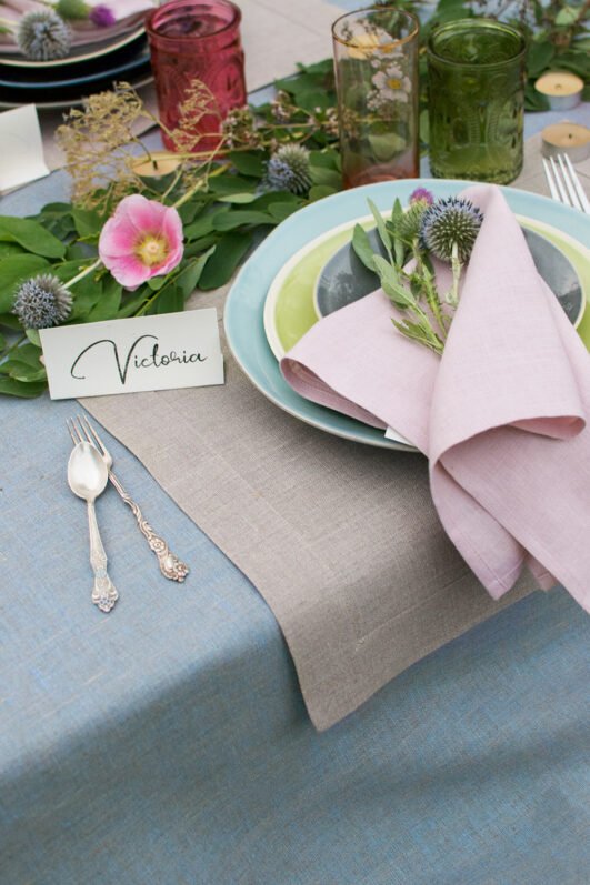 Elegant linen placemats in neutral tones (natural, light natural, off-white) with wide mitered corners. Perfect for casual or formal dining. Easaly to decor with Blush pink napkins for Easter table decor. Shop now for simple, natural table decor.