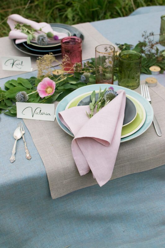 Elegant linen placemats in neutral tones (natural, light natural, off-white) with wide mitered corners. Perfect for casual or formal dining. Easaly to decor with Blush pink napkins for Easter table decor. Shop now for simple, natural table decor.