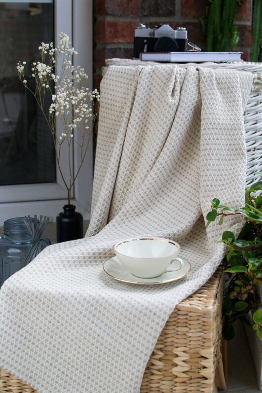 Beige soft linen cotton blanket. Great sofa comforter or bedspread , bed cover. can be used outside on summer cold evening.