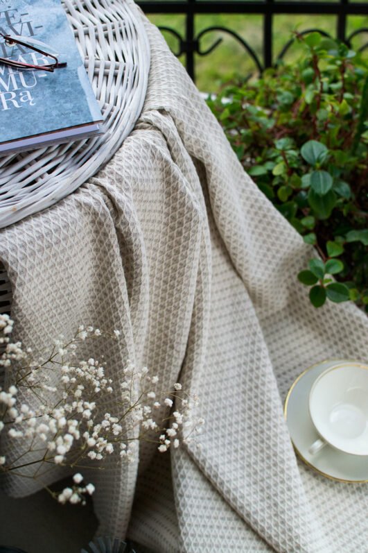 Beige soft linen cotton blanket. Great sofa comforter or bedspread , bed cover. can be used outside on summer cold evening.