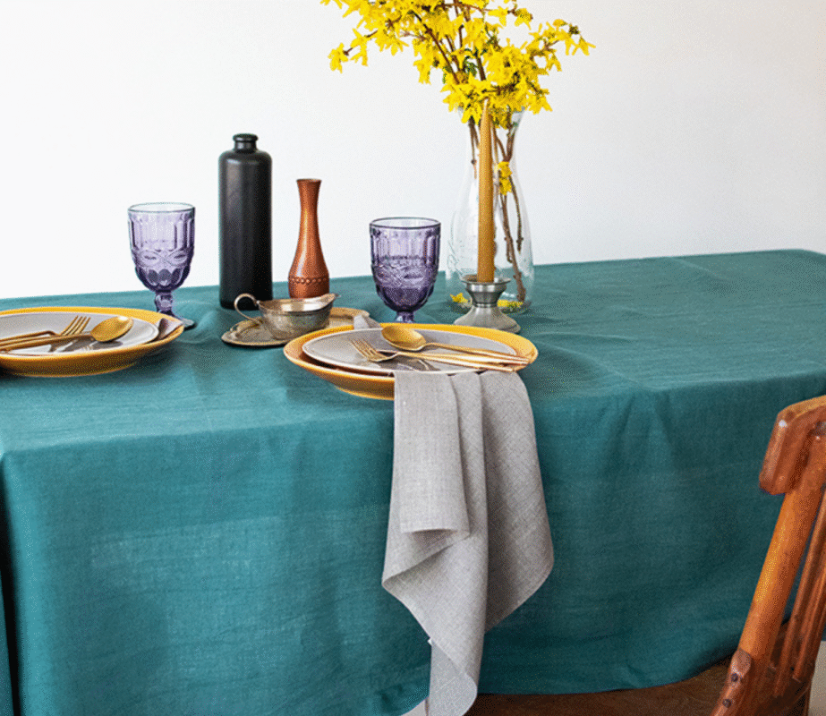 Teal linen tablecloth with mitered corners looks so elegant and luxury.