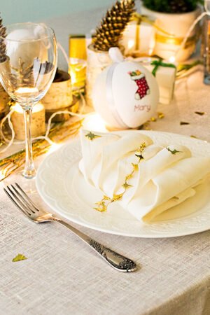 Linen tablecloth with gold sparkle great for special occasion like Christmas or wedding, anniversary.