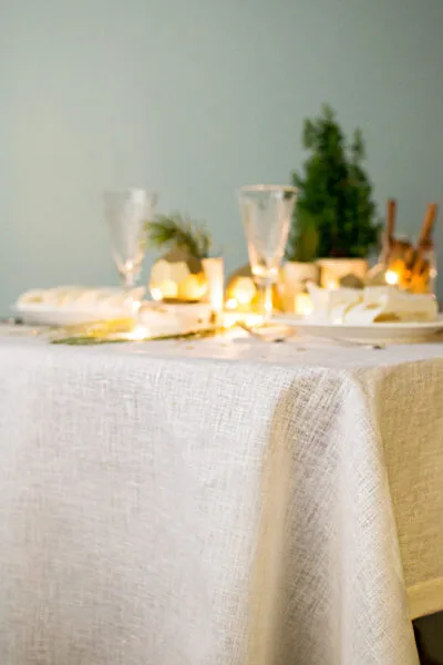 Wide linen tablecloth with gold sparkle great for special occasion like Christmas or wedding, anniversary.