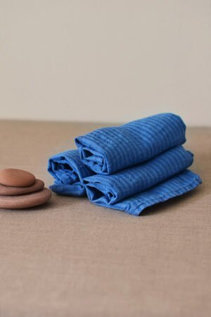 Blue linen striped bath towels, hand towels, body towels. Great gift for him.