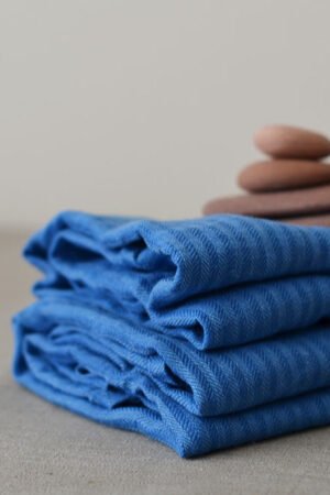 Blue linen striped bath towels, hand towels, body towels. Great gift for him.