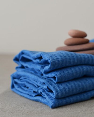 Blue linen striped bath towels, hand towels, body towels. Great gift for him.