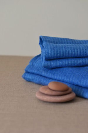 Blue linen striped bath towels, hand towels, body towels. Great gift for him.