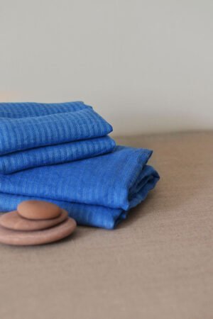 Blue linen striped bath towels, hand towels, body towels. Great gift for him.