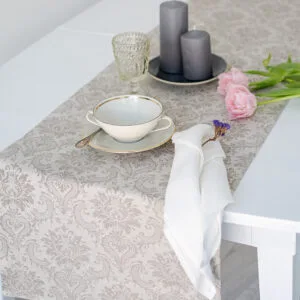 Damask natural linen table runner with mitered corners. Table runner for special events table decor made from jacquard linen cotton fabric.