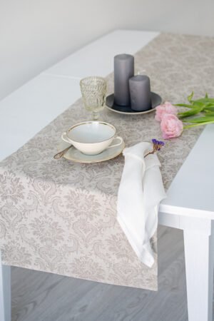 Damask natural linen table runner with mitered corners. Table runner for special events table decor made from jacquard linen cotton fabric.