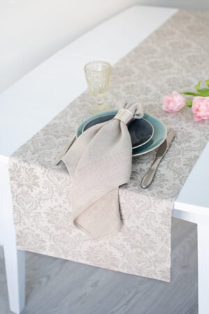 Damask natural linen table runner with mitered corners. Table runner for special events table decor made from jacquard linen cotton fabric.
