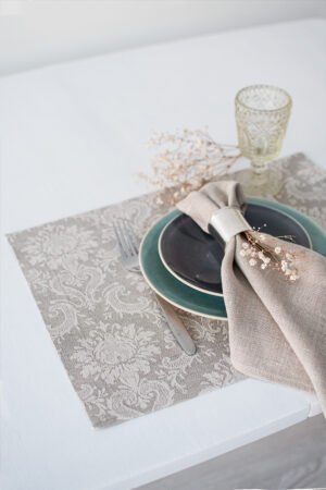 natural linen damask placemats with mitered corners. Made from a linen cotton blend. Natural linen with off-white pattern. Best for the special event.