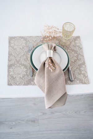 natural linen damask placemats with mitered corners. Made from a linen cotton blend. Natural linen with off-white pattern. Best for the special event.