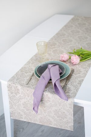Damask natural linen table runner with mitered corners. Table runner for special events table decor made from jacquard linen cotton fabric.
