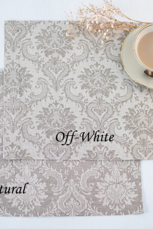 Damask linen placemats with mitered corners. Damak's pattern is woven from linen and cotton in natural shades.