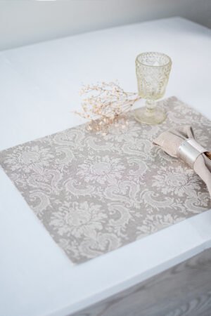natural linen damask placemats with mitered corners. Made from a linen cotton blend. Natural linen with off-white pattern. Best for the special event.