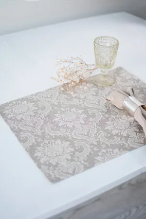 natural linen damask placemats with mitered corners. Made from a linen cotton blend. Natural linen with off-white pattern. Best for the special event.