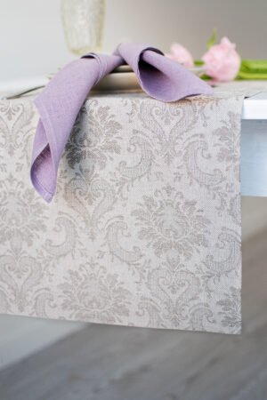 Damask natural linen table runner with mitered corners. Table runner for special events table decor made from jacquard linen cotton fabric.