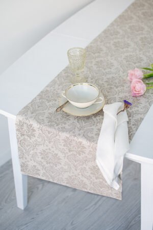Damask natural linen table runner with mitered corners. Table runner for special events table decor made from jacquard linen cotton fabric.