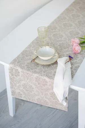 Damask natural linen table runner with mitered corners. Table runner for special events table decor made from jacquard linen cotton fabric.
