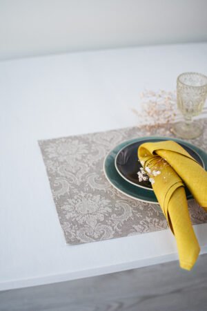 natural linen damask placemats with mitered corners. Made from a linen cotton blend. Natural linen with off-white pattern. Best for the special event.