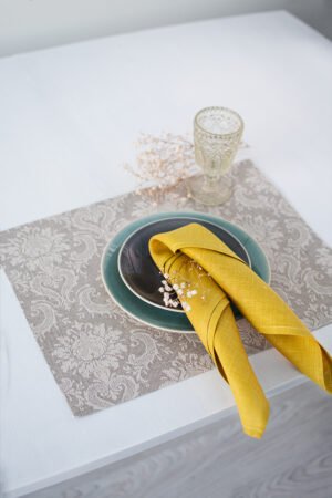 natural linen damask placemats with mitered corners. Made from a linen cotton blend. Natural linen with off-white pattern. Best for the special event.