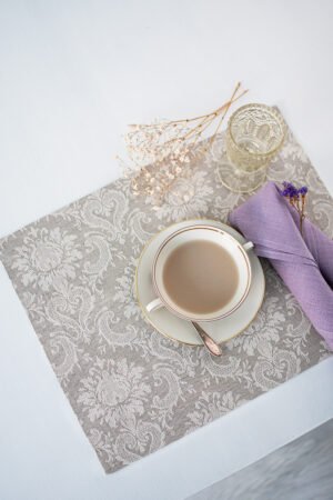 natural linen damask placemats with mitered corners. Made from a linen cotton blend. Natural linen with off-white pattern. Best for the special event.