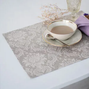 natural linen damask placemats with mitered corners. Made from a linen cotton blend. Natural linen with off-white pattern. Best for the special event.