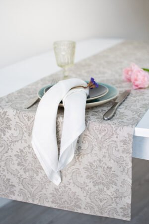 Damask natural linen table runner with mitered corners. Table runner for special events table decor made from jacquard linen cotton fabric.