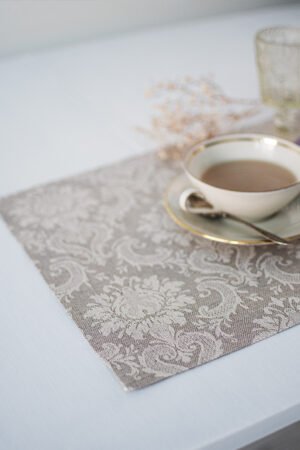 natural linen damask placemats with mitered corners. Made from a linen cotton blend. Natural linen with off-white pattern. Best for the special event.
