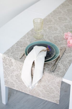 Damask natural linen table runner with mitered corners. Table runner for special events table decor made from jacquard linen cotton fabric.