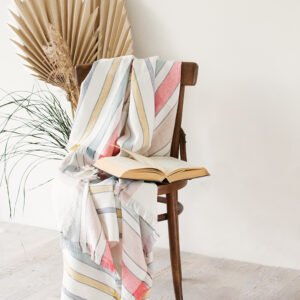Off white linen blanket with stripes of colors soft and cozy for the couch covering or just use as sofa throw blanket. Blanket two edges are with fringes.